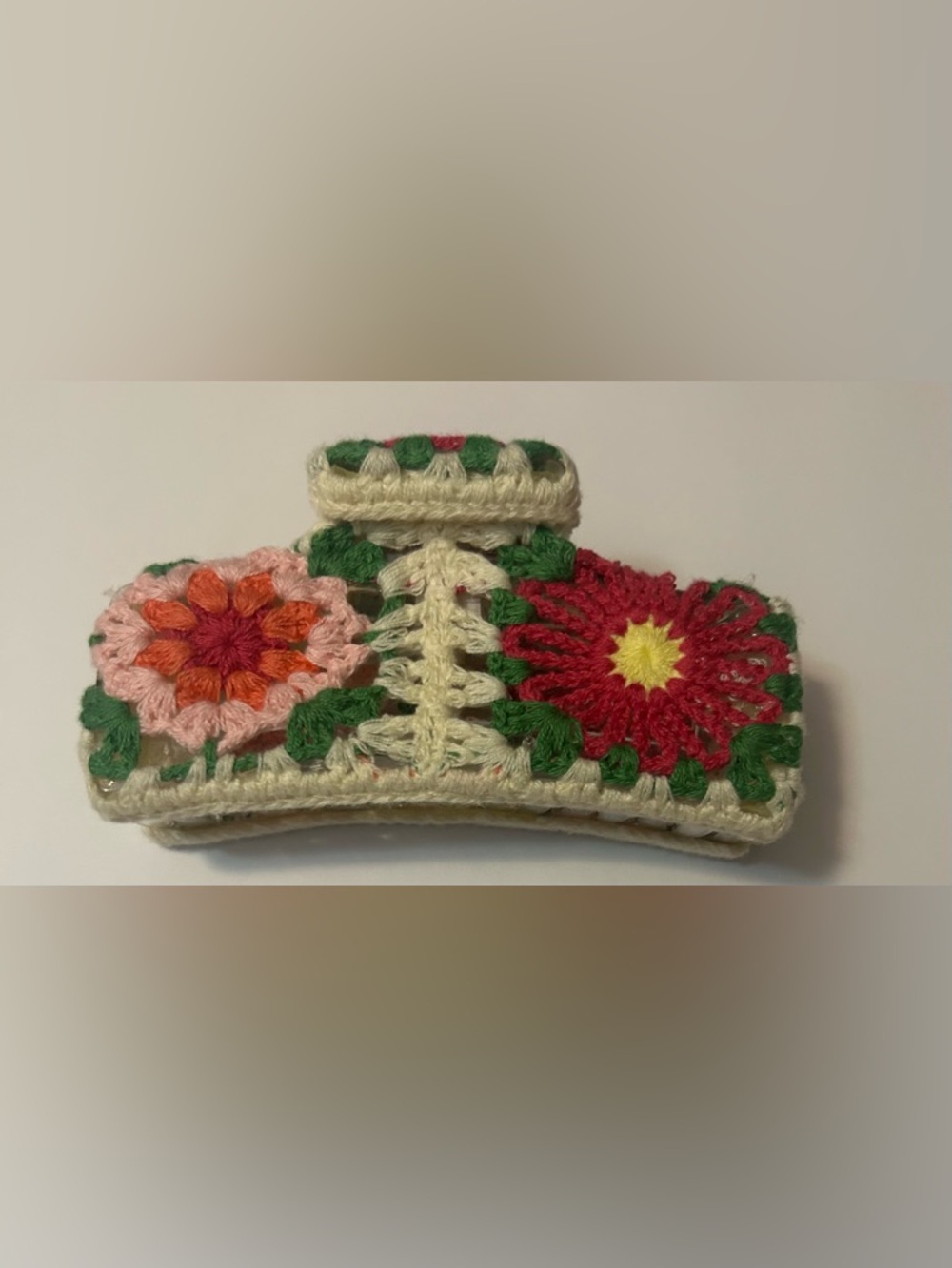 Handmade Crochet Floral Hair Clamp - Pink & Green - Picture 2 of 4